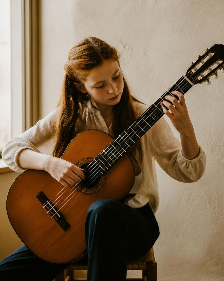 A teenage player with a nylon-string classical guitar