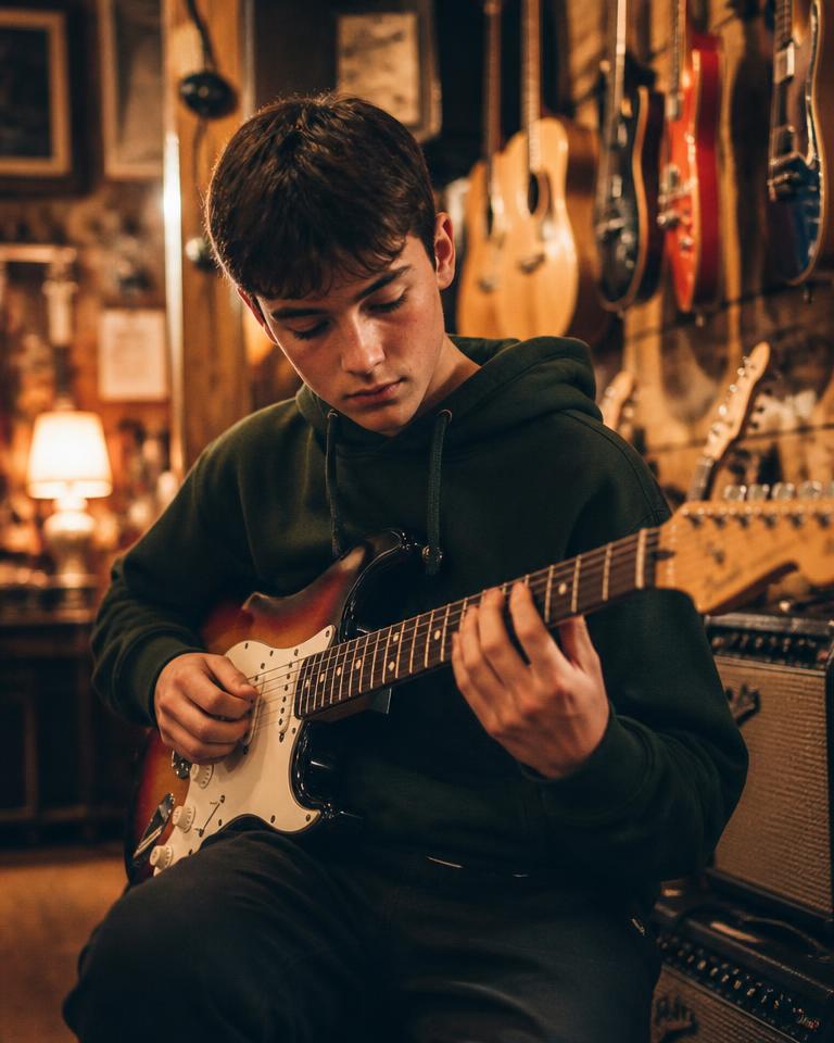 A young player seated with a red electric guitar