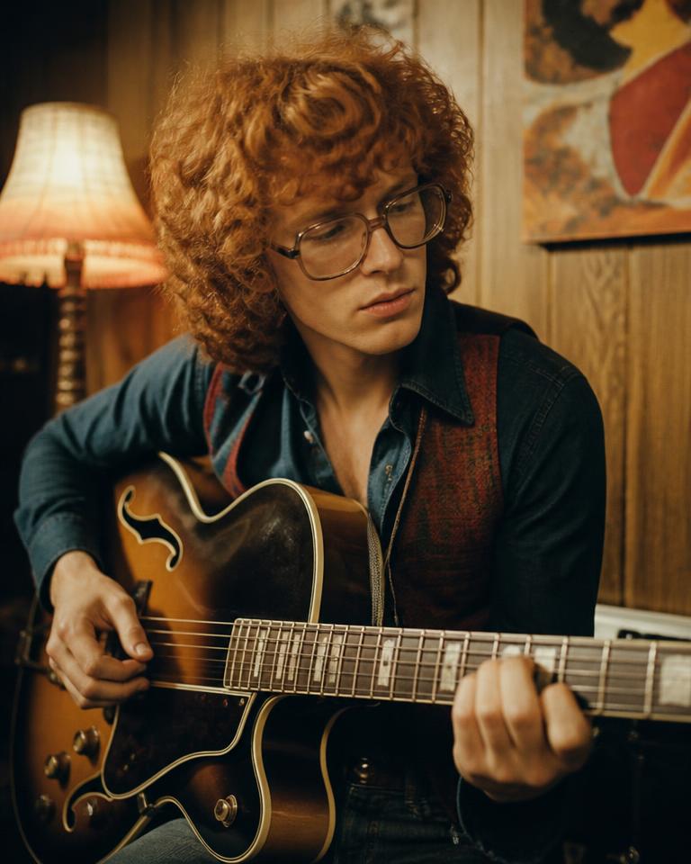 A player with a hollow-body archtop guitar in a rehearsal room