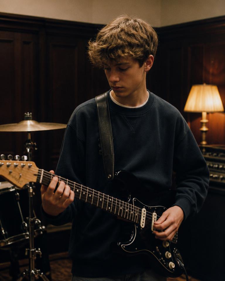 A left-handed player performing on an electric guitar